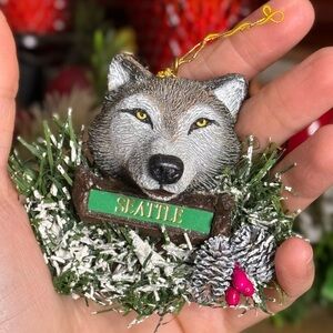 Wolf Christmas Ornament with Seattle Sign Made in USA Artisans